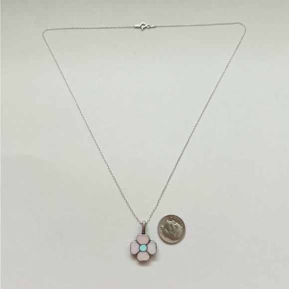 Handcrafted EMT Signed 5-Stone Turquoise and Navajo Pearl  Vintage Southwestern Turquoise Mother of Pearl Inlay Flower Necklace